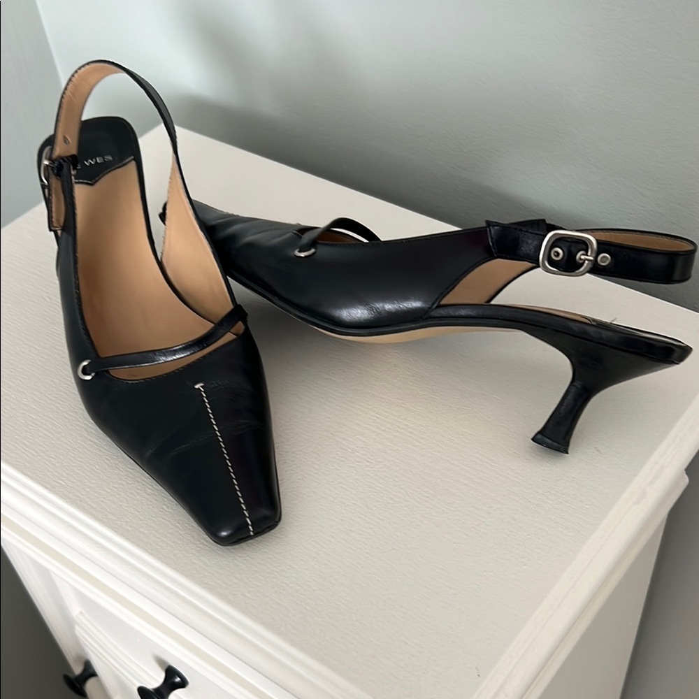 Nine West Black Slingback Low Heel with Cream Stitching